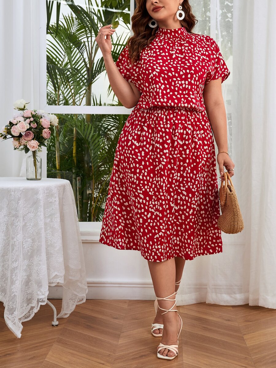 SHEIN VCAY 大碼滿版印花蝙蝠袖連衣裙 - 酒紅色 - 查看 1