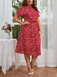 SHEIN VCAY 大碼滿版印花蝙蝠袖連衣裙 - 酒紅色 - 查看 5