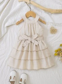 SHEIN Baby Swiss Dot Layer Hem Belted Halter Dress - Apricot - View 1