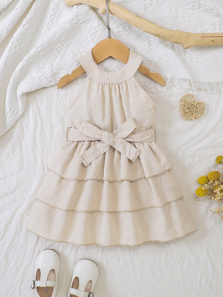 SHEIN Baby Swiss Dot Layer Hem Belted Halter Dress - Apricot - View 1