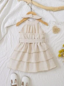 SHEIN Baby Swiss Dot Layer Hem Belted Halter Dress - Apricot - View 2