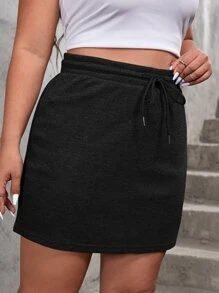 SHEIN EZwear Plus Drawstring Waist Solid Skirt - Black - View 3