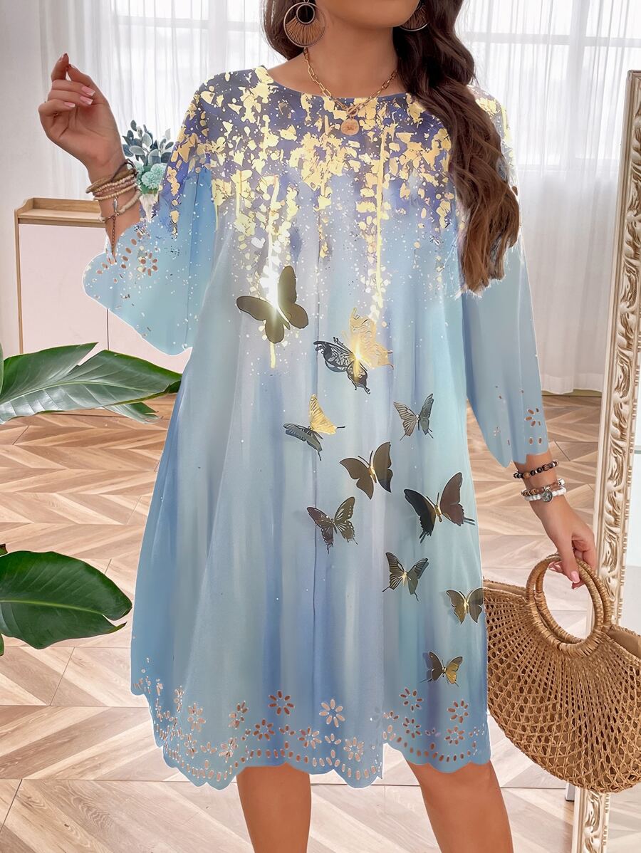 SHEIN LUNE Đầm Plus Size Sò điệp Loại bướm Boho - Màu xanh lam - Xem 1