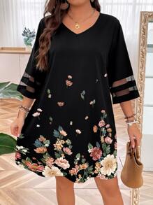 SHEIN LUNE Plus Floral Print Contrast Mesh Insert Dress - Black - View 1