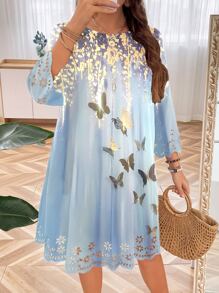 SHEIN LUNE Đầm Plus Size Sò điệp Loại bướm Boho - Màu xanh lam - Xem 3