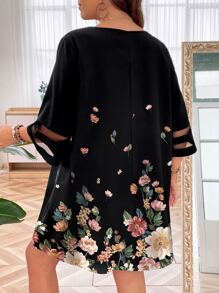 SHEIN LUNE Plus Floral Print Contrast Mesh Insert Dress - Black - View 2