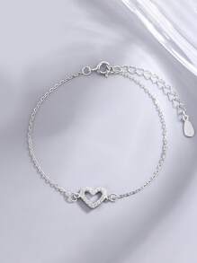 方晶鋯石愛心裝飾銀手環 - 銀色 - 查看 1