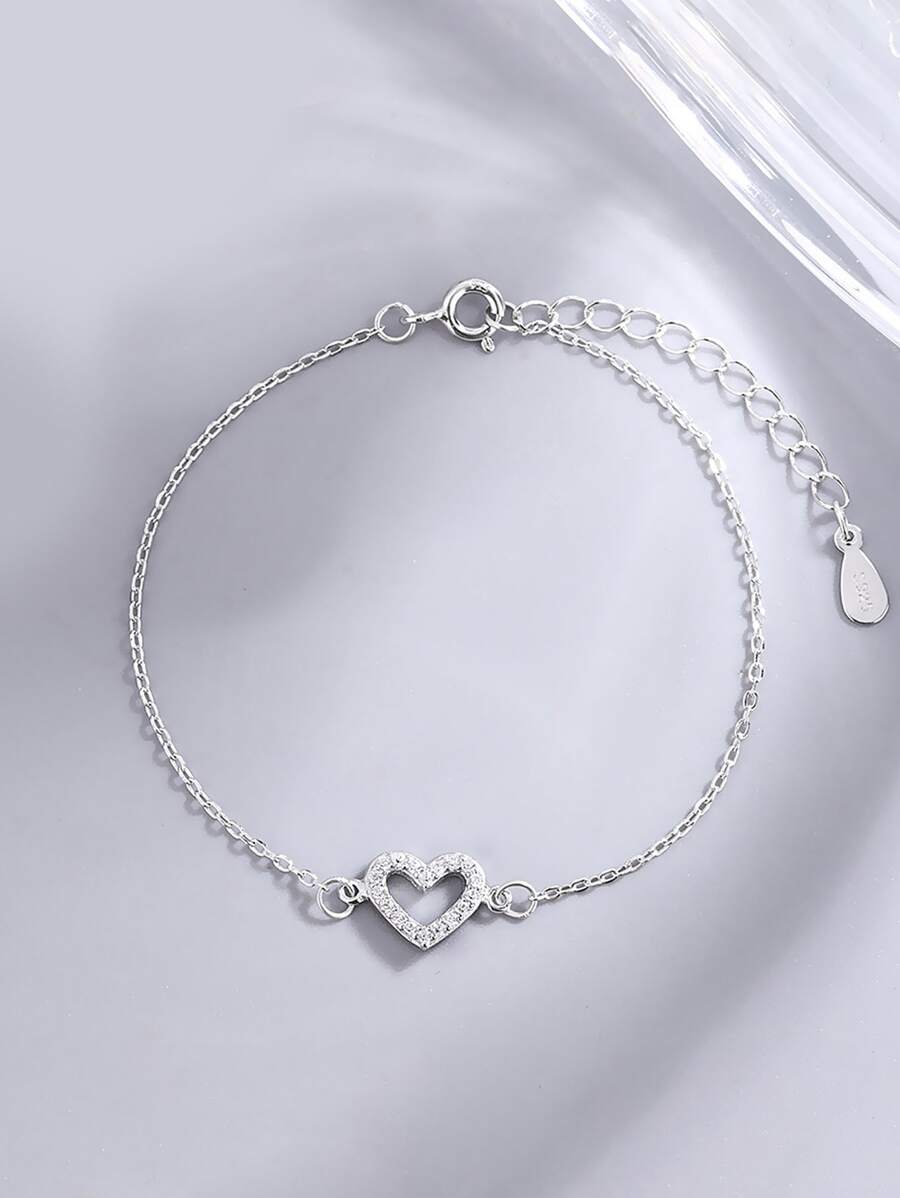 方晶鋯石愛心裝飾銀手環 - 銀色 - 查看 1