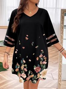 SHEIN LUNE Plus Floral Print Contrast Mesh Insert Dress - Black - View 3