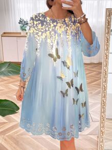 SHEIN LUNE Đầm Plus Size Sò điệp Loại bướm Boho - Màu xanh lam - Xem 4