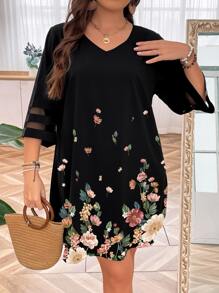 SHEIN LUNE Plus Floral Print Contrast Mesh Insert Dress - Black - View 4