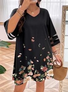 SHEIN LUNE Plus Floral Print Contrast Mesh Insert Dress - Black - View 5