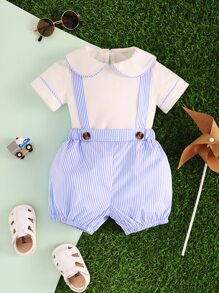 Baby Boy Peter Pan Collar Top & Striped Suspender Shorts - Blue and White - View 1