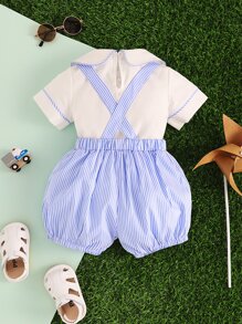 Baby Boy Peter Pan Collar Top & Striped Suspender Shorts - Blue and White - View 2