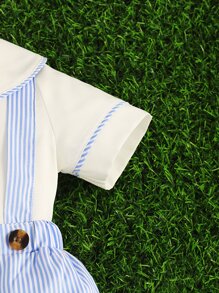 Baby Boy Peter Pan Collar Top & Striped Suspender Shorts - Blue and White - View 3