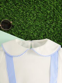 Baby Boy Peter Pan Collar Top & Striped Suspender Shorts - Blue and White - View 4