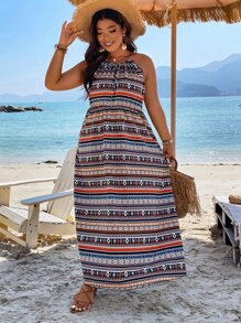 SHEIN Holidaya 大碼幾何印花繫帶領洋裝 - 彩色 - 查看 1