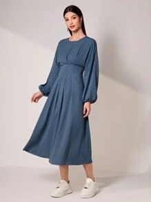 Mulvari Solid Lantern Sleeve Fold Pleated Detail Dress - Dusty Blue - View 1