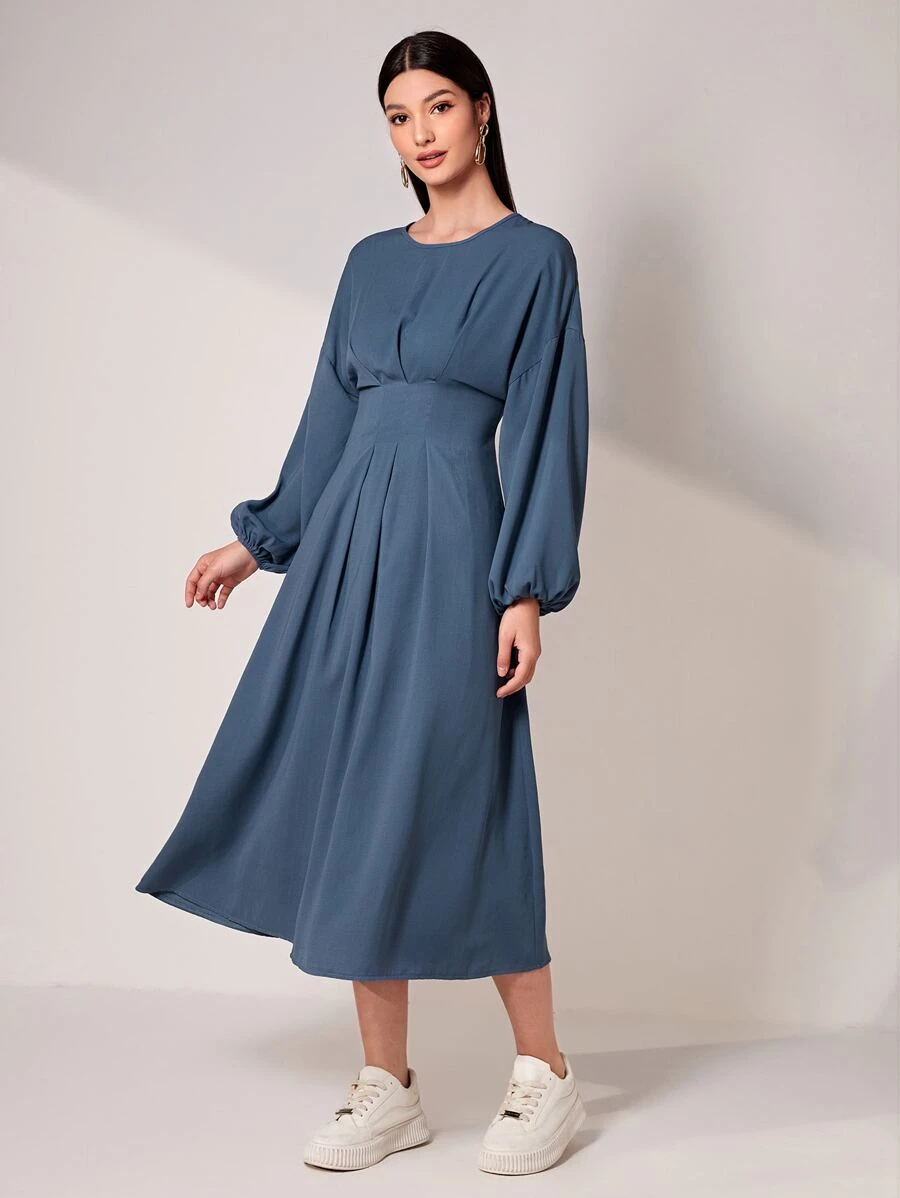 Mulvari Solid Lantern Sleeve Fold Pleated Detail Dress - Dusty Blue - View 1