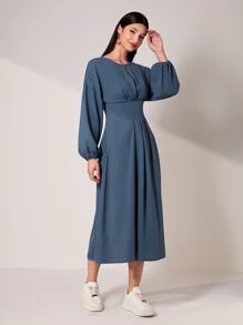 Mulvari Solid Lantern Sleeve Fold Pleated Detail Dress - Dusty Blue - View 4