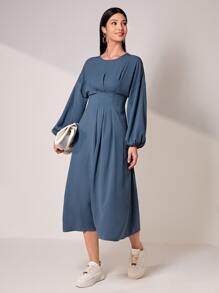 Mulvari Solid Lantern Sleeve Fold Pleated Detail Dress - Dusty Blue - View 5