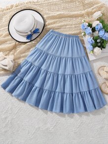 SHEIN Girls Solid Tiered Skirt - Blue - View 1