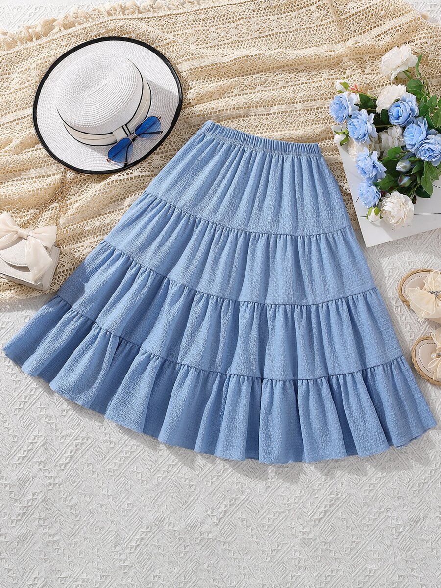 SHEIN Girls Solid Tiered Skirt - Blue - View 1