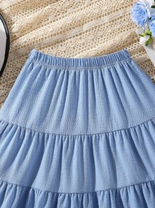 SHEIN Girls Solid Tiered Skirt - Blue - View 3