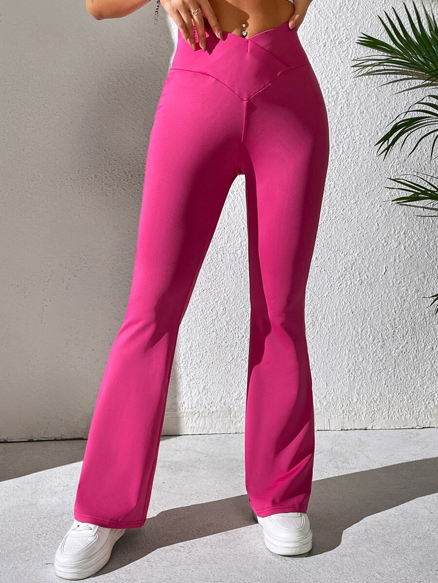 SHEIN PETITE Solid Flare Leg Trousers - Hot Pink - View 1