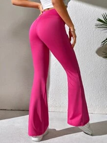 SHEIN PETITE Solid Flare Leg Trousers - Hot Pink - View 2