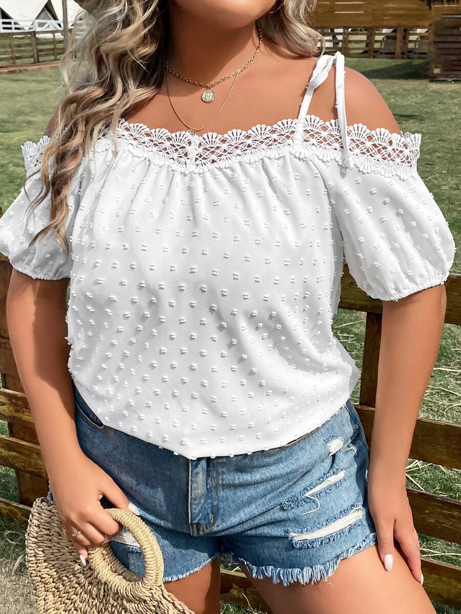 SHEIN LUNE Plus Swiss Dot Cold Shoulder Guipure Lace Trim Blouse - White - View 1