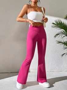 SHEIN PETITE Solid Flare Leg Trousers - Hot Pink - View 4