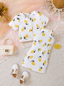 SHEIN Baby Lemon Print Cami Dress & Button Front Tee - White - View 1