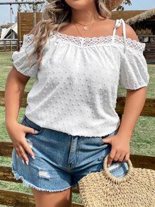 SHEIN LUNE Plus Swiss Dot Cold Shoulder Guipure Lace Trim Blouse - White - View 3