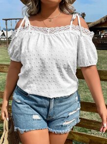 SHEIN LUNE Plus Swiss Dot Cold Shoulder Guipure Lace Trim Blouse - White - View 4