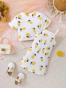 SHEIN Baby Lemon Print Cami Dress & Button Front Tee - White - View 2