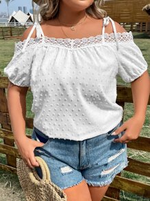 SHEIN LUNE Plus Swiss Dot Cold Shoulder Guipure Lace Trim Blouse - White - View 5