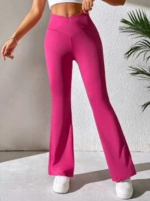 SHEIN PETITE Solid Flare Leg Trousers - Hot Pink - View 5