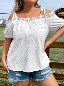 SHEIN LUNE Plus Swiss Dot Cold Shoulder Guipure Lace Trim Blouse - White - View 6