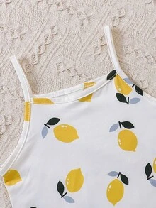 SHEIN Baby Lemon Print Cami Dress & Button Front Tee - White - View 4