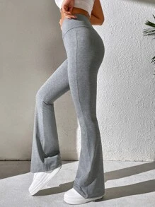 SHEIN PETITE Solid Flare Leg Pants - Grey - View 3