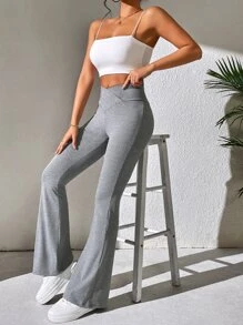 SHEIN PETITE Solid Flare Leg Pants - Grey - View 4