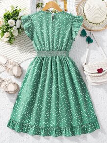 Girls Polka Dot Print Ruffle Trim Ruffle Hem Dress - Green - View 2