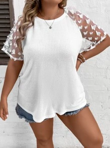 SHEIN LUNE 加大华夫格针织撞色网眼插肩袖 T 恤图案 T 恤女式上衣 - 白色 - 查看 3