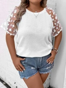 SHEIN LUNE 加大华夫格针织撞色网眼插肩袖 T 恤图案 T 恤女式上衣 - 白色 - 查看 4