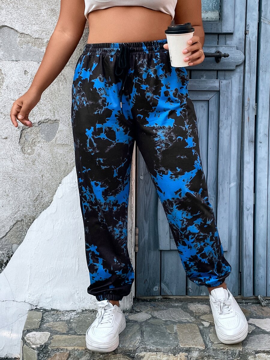 SHEIN LUNE Plus Tie Dye Slant Pocket Sweatpants - Multicolor - View 1