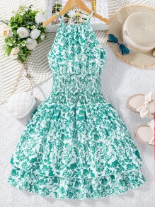 SHEIN Chicas Vestido halter con estampado floral bajo con fruncido - Multicolor - Ver 1