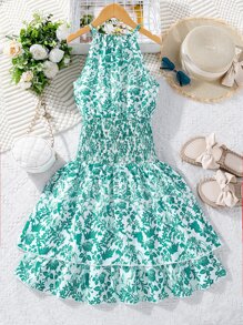 SHEIN Chicas Vestido halter con estampado floral bajo con fruncido - Multicolor - Ver 2
