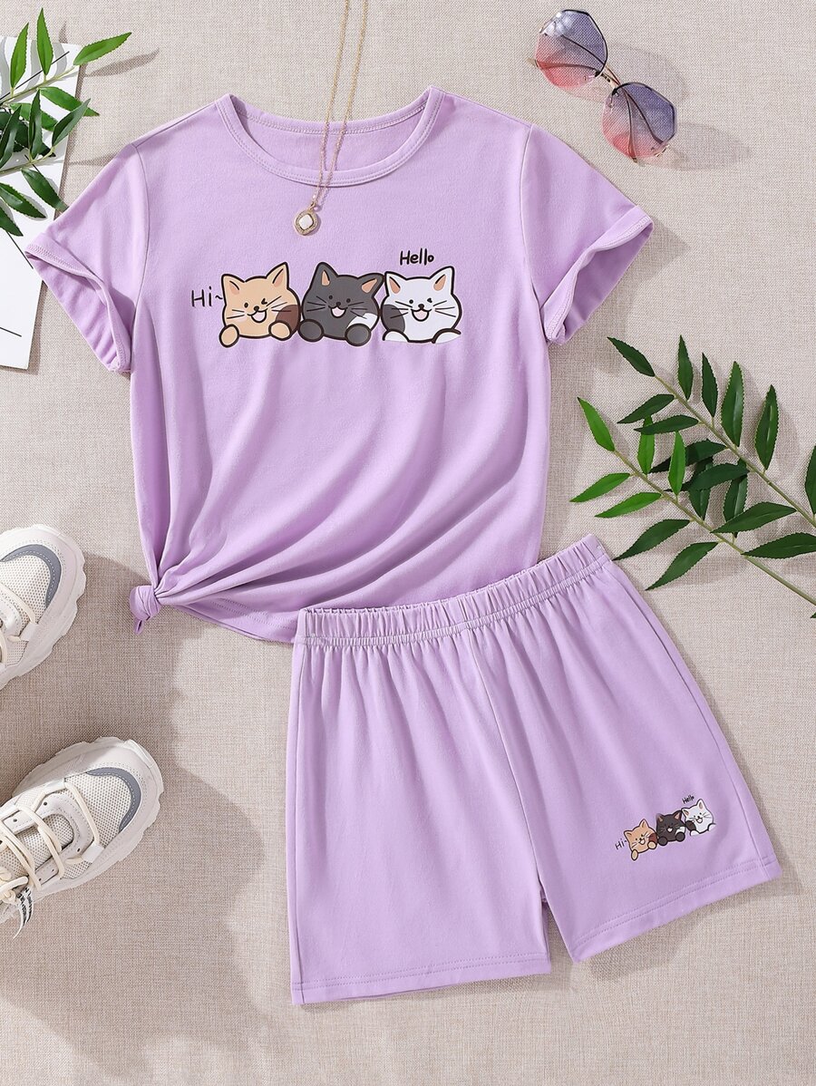 SHEIN Girls Cartoon Graphic Tee & Shorts - Purple - View 1