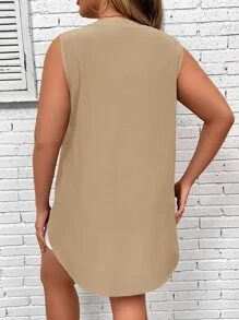 SHEIN LUNE Plus Notched Neckline Button Detail Sleeveless Blouse - Khaki - View 2